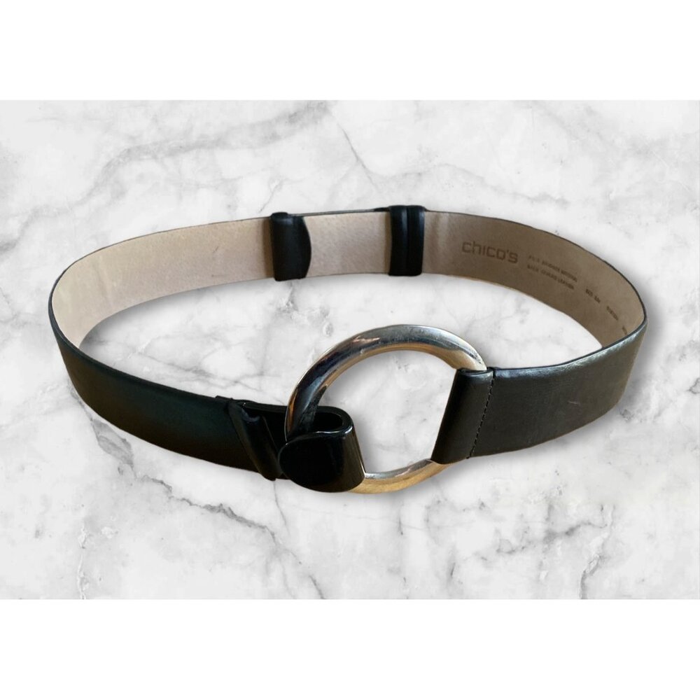 Chico's Black Leather Belt with Silver Buckle